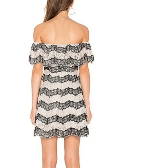 J.O.A. Revolve Tiered Off The Shoulder Lace Mini Dress in Nude Black, Size M - Picture 3 of 16